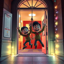 A fun and engaging 3D animated scene featuring two mischievous thieves comically falling to the ground after getting tangled in a rope that is tied on either side of the entrance door inside a modern school at night