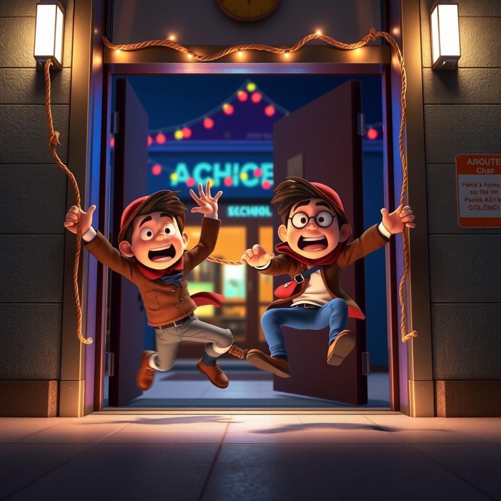 A fun and engaging 3D animated scene featuring two mischievous thieves comically falling to the ground after getting tangled in a rope that is tied on either side of the entrance door inside a modern school at night