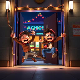 A fun and engaging 3D animated scene featuring two mischievous thieves comically falling to the ground after getting tangled in a rope that is tied on either side of the entrance door inside a modern school at night