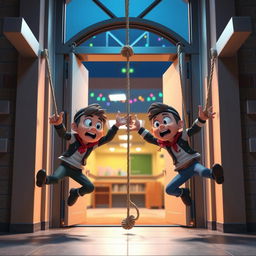 A fun and engaging 3D animated scene featuring two mischievous thieves comically falling to the ground after getting tangled in a rope that is tied on either side of the entrance door inside a modern school at night