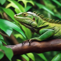 A high-quality, photo-realistic image of a lush forest, with a focus on an iguana resting on a tree branch