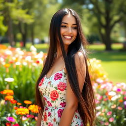 A beautiful young woman with long, flowing black hair, wearing a stylish, floral summer dress