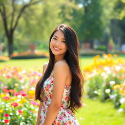 A beautiful young woman with long, flowing black hair, wearing a stylish, floral summer dress
