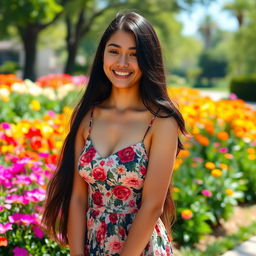 A beautiful young woman with long, flowing black hair, wearing a stylish, floral summer dress