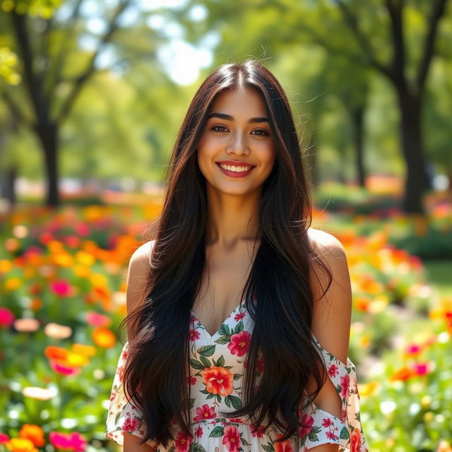 A beautiful young woman with long, flowing black hair, wearing a stylish, floral summer dress