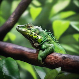 A high-quality, photo-realistic image of a lush forest, with a focus on an iguana resting on a tree branch