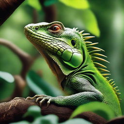 A high-quality, photo-realistic image of a lush forest, with a focus on an iguana resting on a tree branch