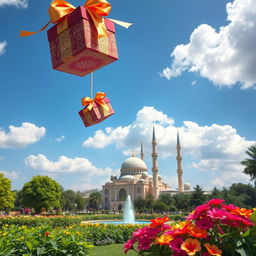 A beautiful Islamic scene depicting a serene landscape with gifts descending from a clear blue sky