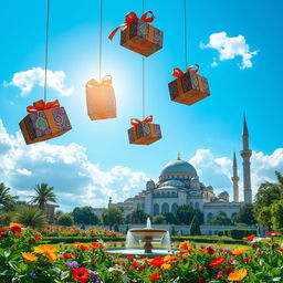 A beautiful Islamic scene depicting a serene landscape with gifts descending from a clear blue sky