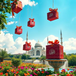 A beautiful Islamic scene depicting a serene landscape with gifts descending from a clear blue sky