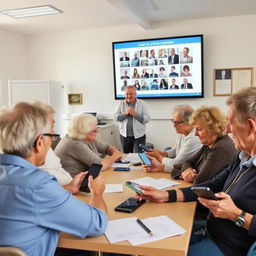 A lively classroom scene showing diverse groups of people, primarily aged 60 and above, learning how to use smartphones