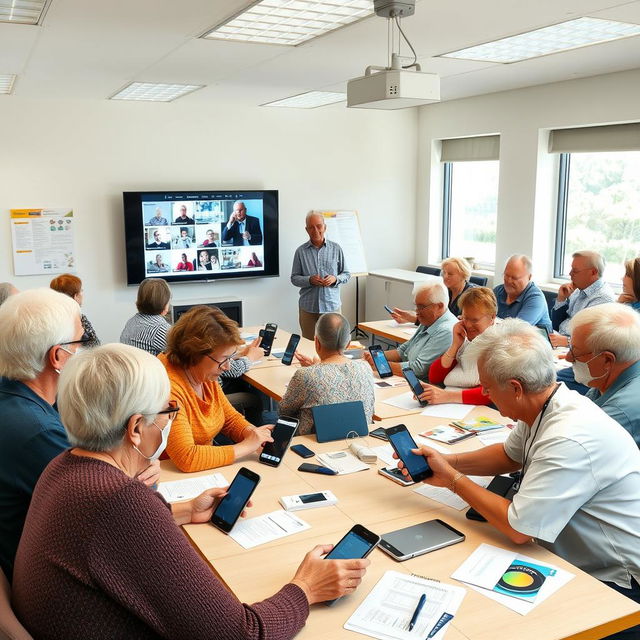 A lively classroom scene showing diverse groups of people, primarily aged 60 and above, learning how to use smartphones