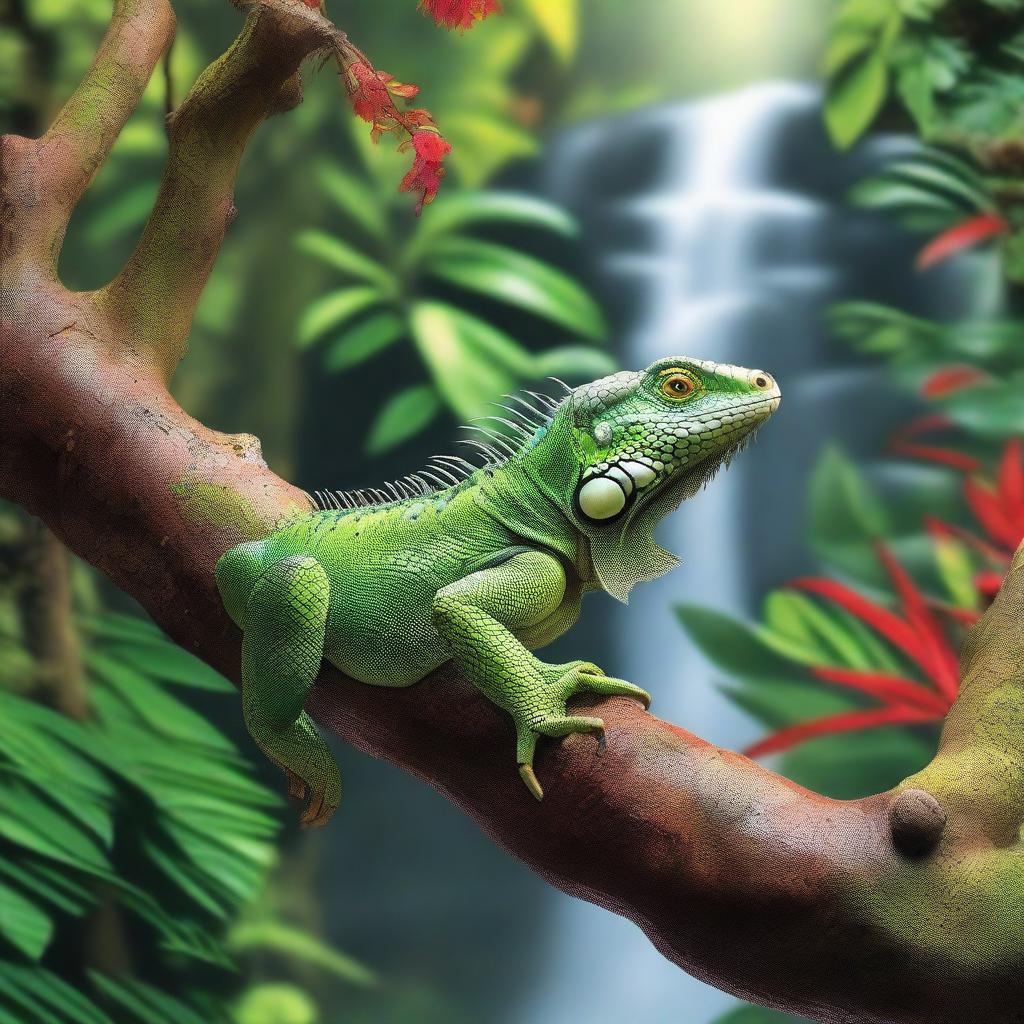 A high-quality, photo-realistic image of a lush forest scene featuring an iguana on a tree branch, spiders weaving their webs, and a cascading waterfall in the background