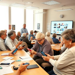 A lively classroom scene showing diverse groups of people, primarily aged 60 and above, learning how to use smartphones
