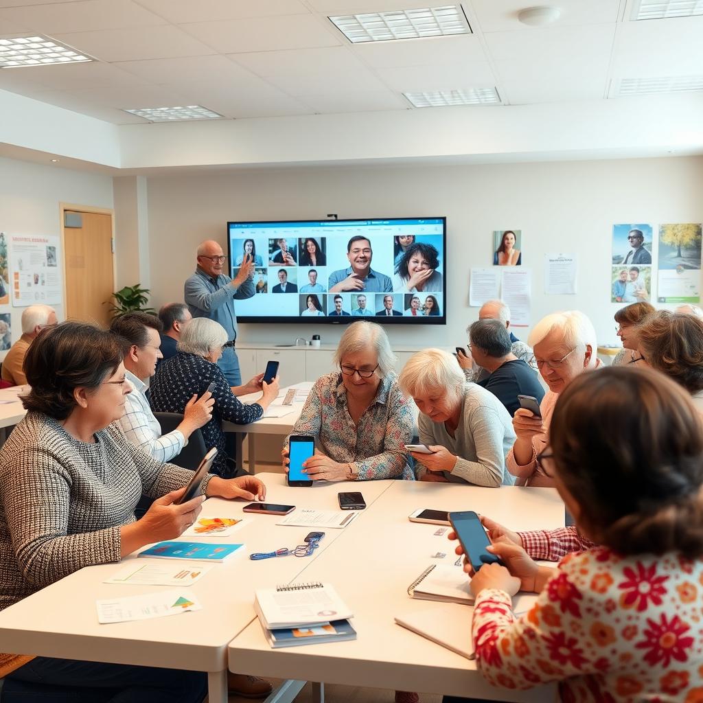 A lively classroom scene showing diverse groups of people, primarily aged 60 and above, learning how to use smartphones