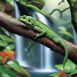 A high-quality, photo-realistic image of a lush forest scene featuring an iguana on a tree branch, spiders weaving their webs, and a cascading waterfall in the background