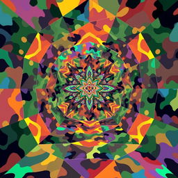 An intricate geometric space featuring a dazzling camouflage pattern that blends various organic shapes in a surreal composition