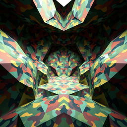 An intricate geometric space featuring a dazzling camouflage pattern that blends various organic shapes in a surreal composition