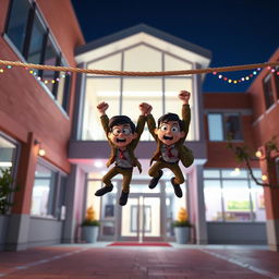 A vibrant 3D animated scene depicting two bumbling hijackers humorously hanging from a rope that acts as an obstacle at the entrance of a modern school