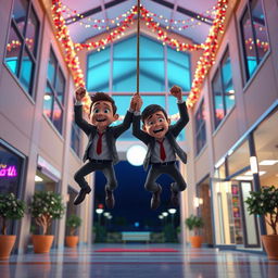 A vibrant 3D animated scene depicting two bumbling hijackers humorously hanging from a rope that acts as an obstacle at the entrance of a modern school