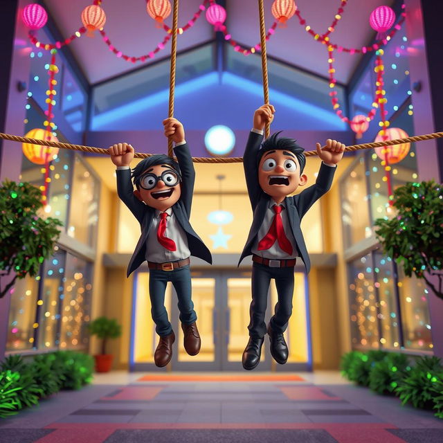 A vibrant 3D animated scene depicting two bumbling hijackers humorously hanging from a rope that acts as an obstacle at the entrance of a modern school