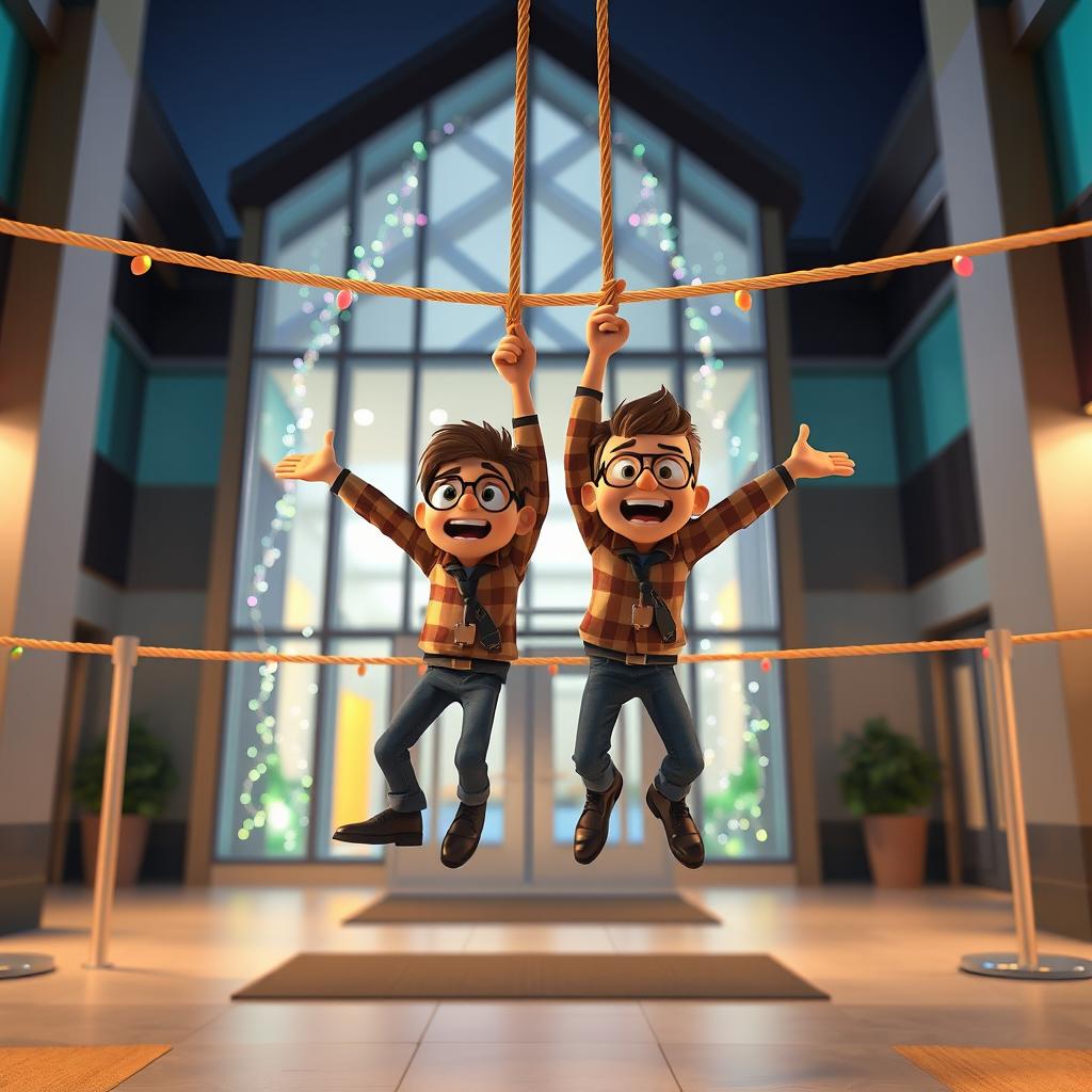 A vibrant 3D animated scene depicting two bumbling hijackers humorously hanging from a rope that acts as an obstacle at the entrance of a modern school