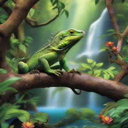 A high-quality, photo-realistic image of a lush forest scene featuring an iguana on a tree branch, spiders weaving their webs, and a cascading waterfall in the background