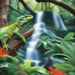 A high-quality, photo-realistic image of a lush forest scene featuring an iguana on a tree branch, spiders weaving their webs, and a cascading waterfall in the background