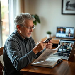 A focused scene featuring a single individual, a middle-aged person, learning to use a smartphone