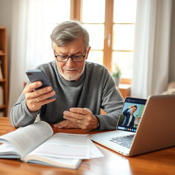 A focused scene featuring a single individual, a middle-aged person, learning to use a smartphone