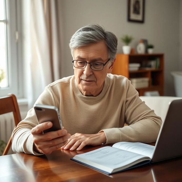 A focused scene featuring a single individual, a middle-aged person, learning to use a smartphone