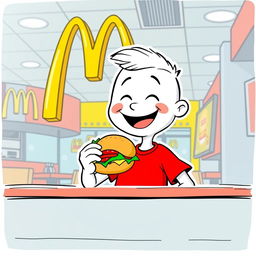 A cheerful white cartoon character wearing a bright red T-shirt, happily eating a juicy burger inside a McDonald's restaurant