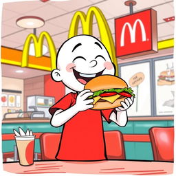 A cheerful white cartoon character wearing a bright red T-shirt, happily eating a juicy burger inside a McDonald's restaurant
