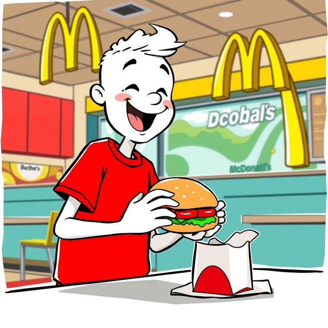 A cheerful white cartoon character wearing a bright red T-shirt, happily eating a juicy burger inside a McDonald's restaurant