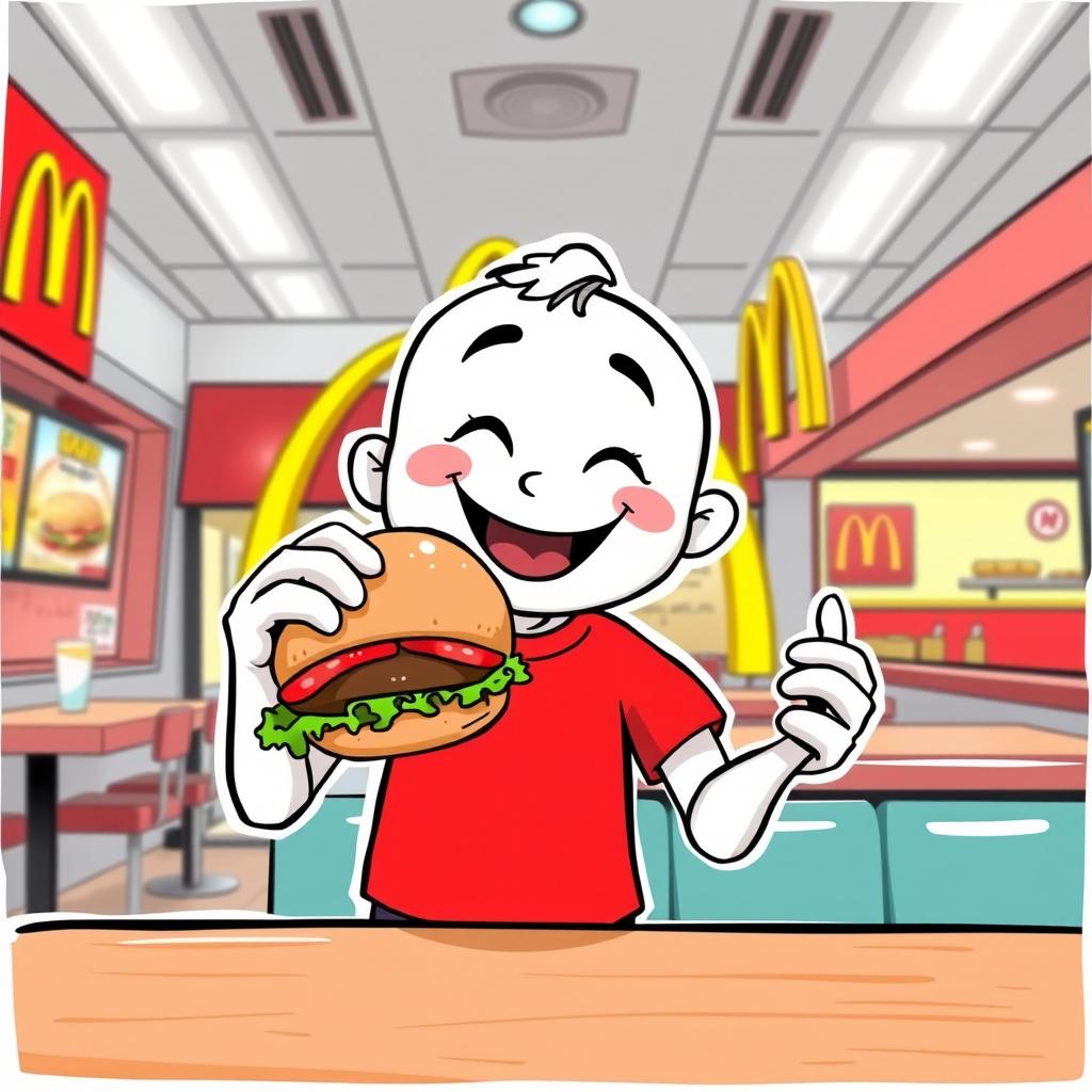 A cheerful white cartoon character wearing a bright red T-shirt, happily eating a juicy burger inside a McDonald's restaurant