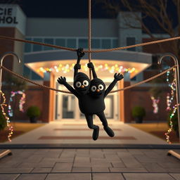 A humorous 3D animated scene depicting two thieves wearing black masks, hanging in a comically frightened position from a rope that is tied at both ends, serving as an obstacle at the entrance of a modern school