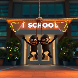 A humorous 3D animated scene depicting two thieves wearing black masks, hanging in a comically frightened position from a rope that is tied at both ends, serving as an obstacle at the entrance of a modern school