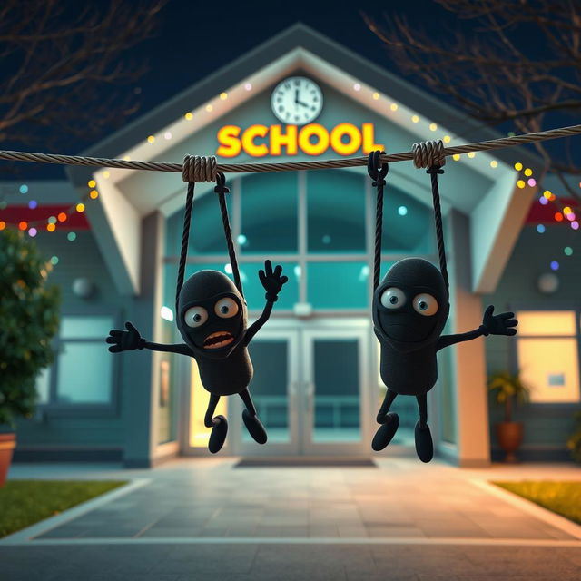 A humorous 3D animated scene depicting two thieves wearing black masks, hanging in a comically frightened position from a rope that is tied at both ends, serving as an obstacle at the entrance of a modern school