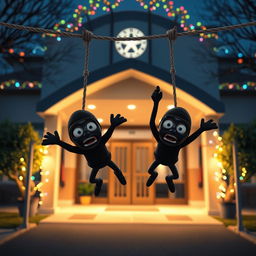 A humorous 3D animated scene depicting two thieves wearing black masks, hanging in a comically frightened position from a rope that is tied at both ends, serving as an obstacle at the entrance of a modern school