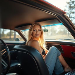 A stunning blonde girl, casually dressed, sitting inside a classic 1968 Chevrolet Camaro