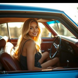 A stunning blonde girl, casually dressed, sitting inside a classic 1968 Chevrolet Camaro