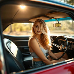A stunning blonde girl, casually dressed, sitting inside a classic 1968 Chevrolet Camaro