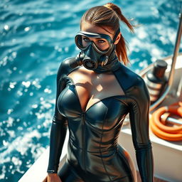 A hot slim girl with big breasts dressed in a full enclosure black shiny neoprene suit that fits her curves snugly