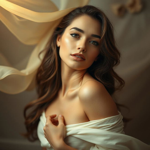 A stunning and artistic portrayal of a beautiful young woman posing gracefully in a sophisticated and elegant manner, showcasing her natural beauty with soft lighting and flowing fabrics around her