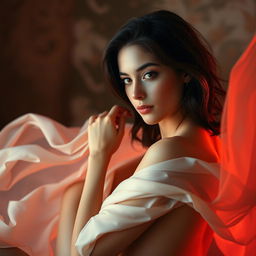 A stunning and artistic portrayal of a beautiful young woman posing gracefully in a sophisticated and elegant manner, showcasing her natural beauty with soft lighting and flowing fabrics around her