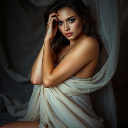 A stunning and artistic portrayal of a beautiful young woman posing gracefully in a sophisticated and elegant manner, showcasing her natural beauty with soft lighting and flowing fabrics around her