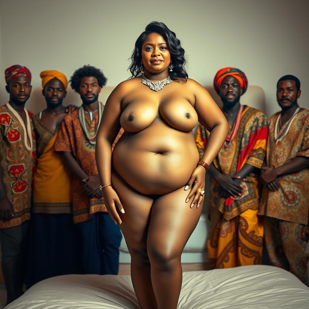A visually striking scene featuring a plump Indian woman, confidently topless and showcasing her natural beauty, adorned with beautiful jewelry that accentuates her figure