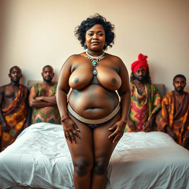 A visually striking scene featuring a plump Indian woman, confidently topless and showcasing her natural beauty, adorned with beautiful jewelry that accentuates her figure