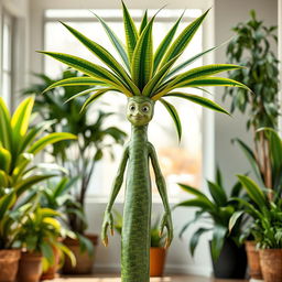 A humanoid figure resembling a Dracaena trifasciata plant, also known as the snake plant