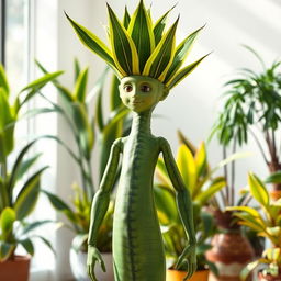 A humanoid figure resembling a Dracaena trifasciata plant, also known as the snake plant